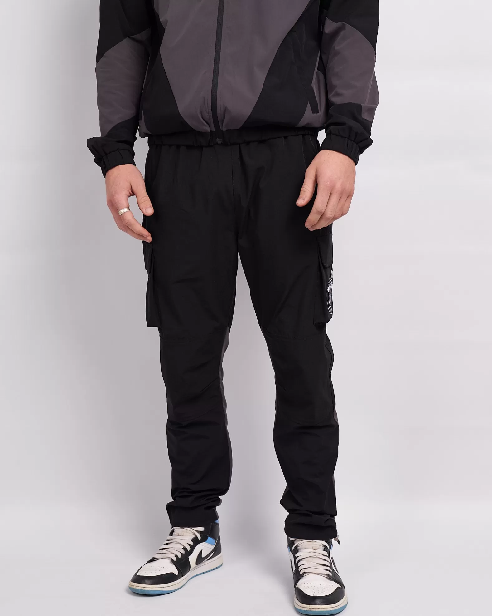 black_grey_mono_badge_panelled_cargos_4.webp Shop Mercier Black Grey Mono Badge Panelled Cargos