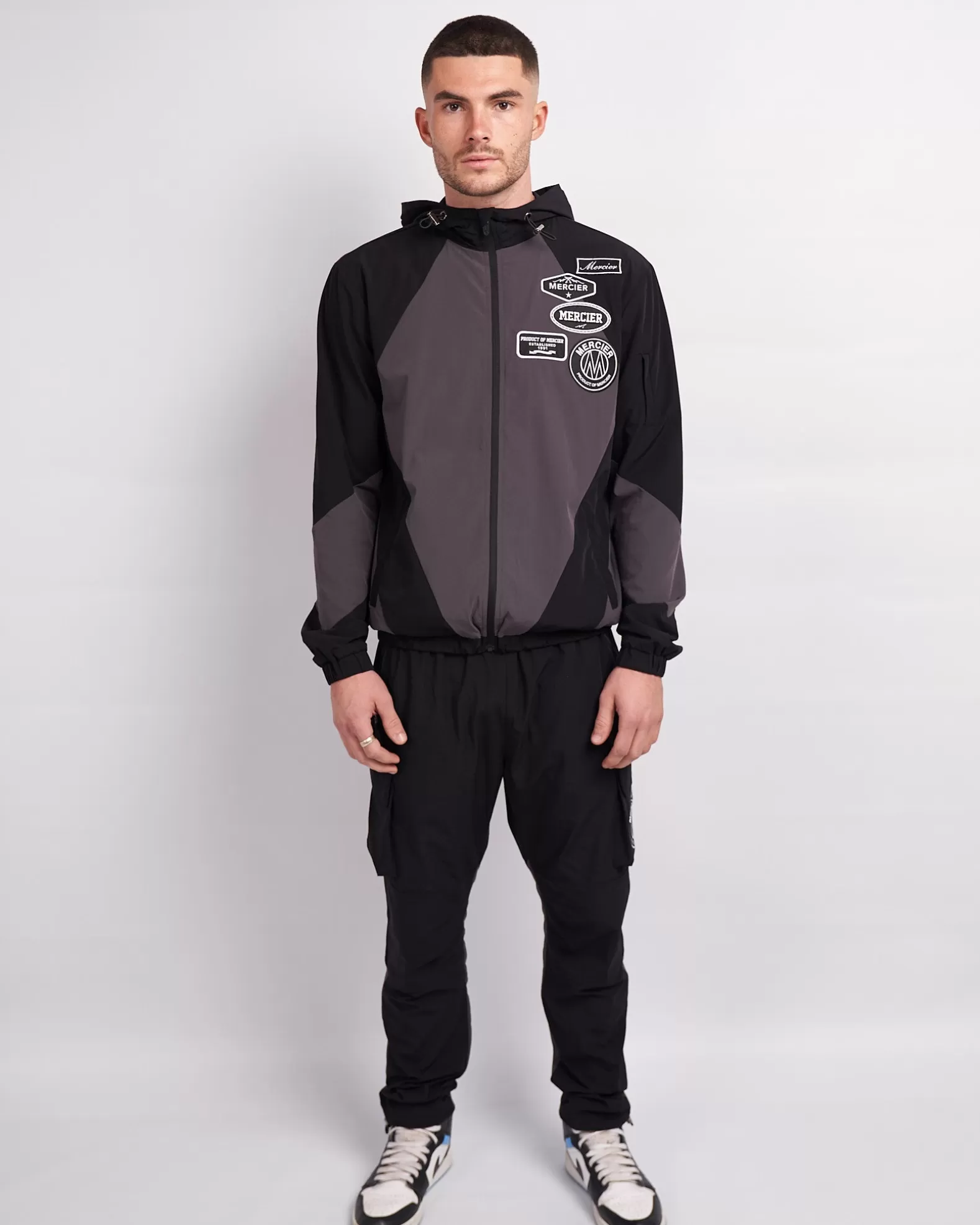 black_grey_mono_badge_panelled_cargos_5.webp Shop Mercier Black Grey Mono Badge Panelled Cargos