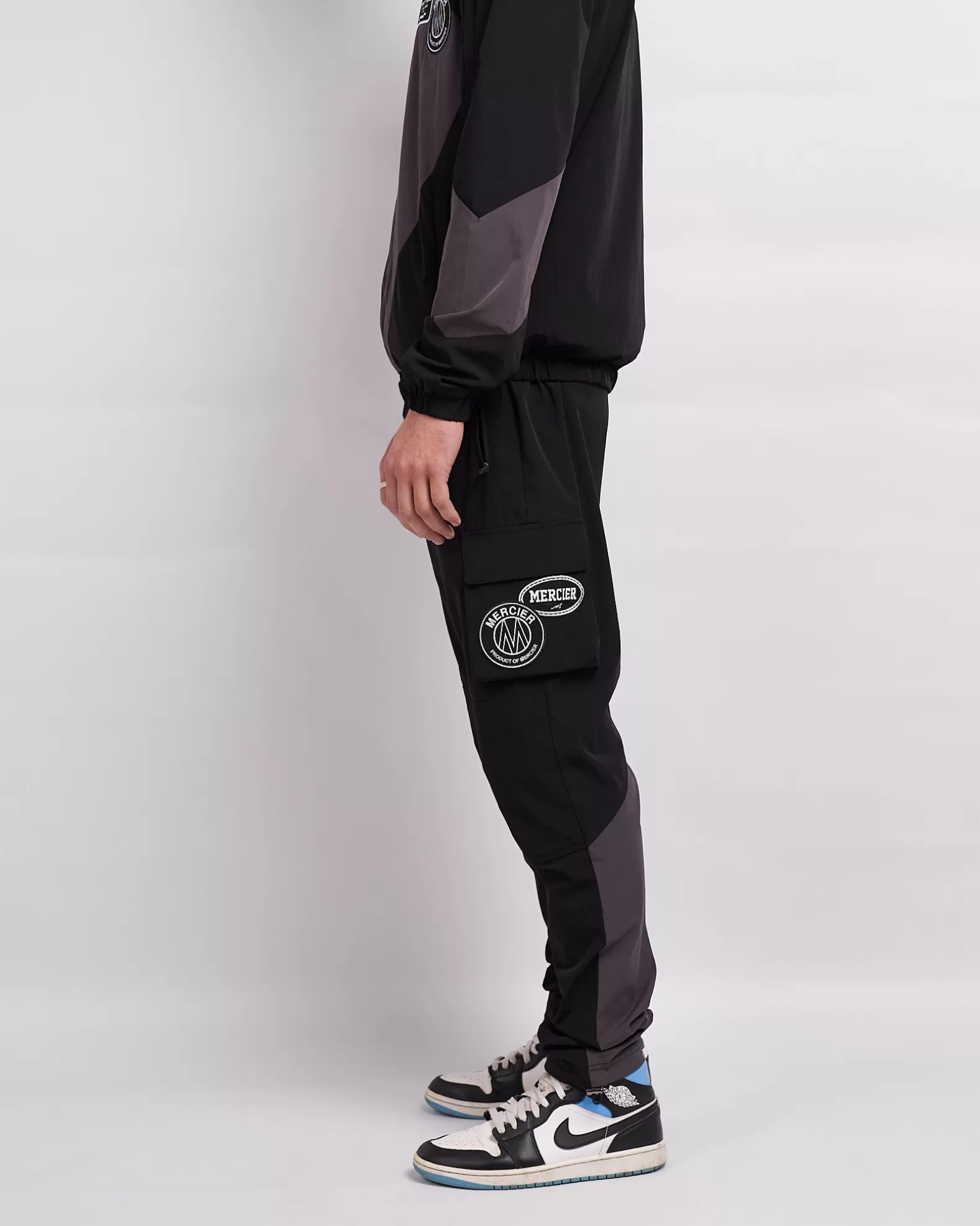 black_grey_mono_badge_panelled_cargos_6.webp Shop Mercier Black Grey Mono Badge Panelled Cargos