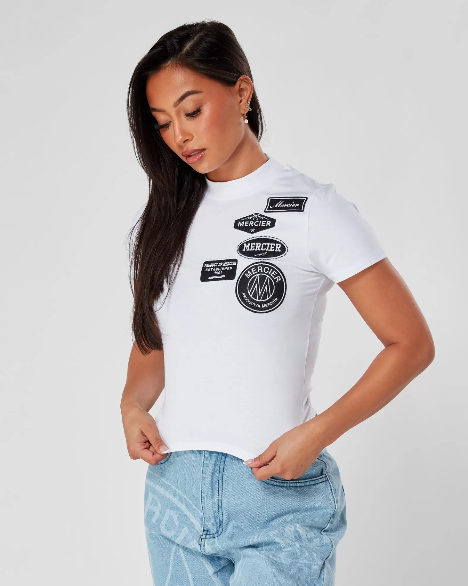 white_womens_mono_fitted_badge_tshirt_3.webp Outlet Mercier White Womens Mono Fitted Badge Tshirt
